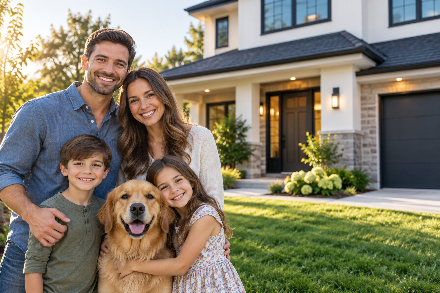 Happy family standing in front of their home